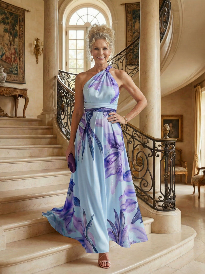 Adriana | Womens Halter Neck Floral Print Belted Maxi Dress