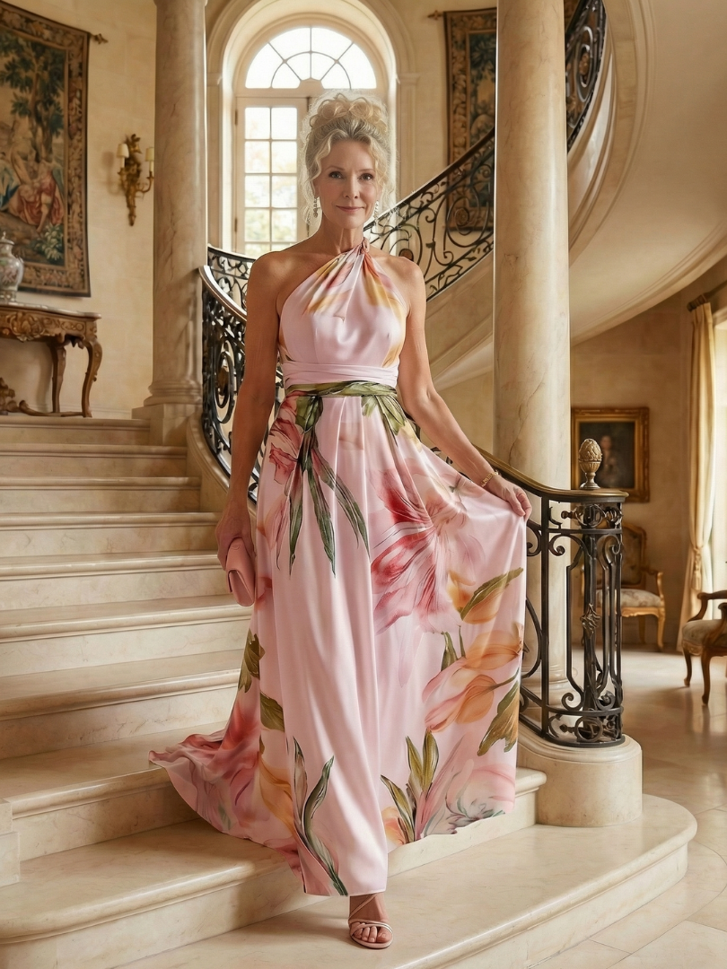 Adriana | Womens Halter Neck Floral Print Belted Maxi Dress