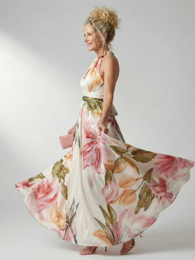 Adriana | Womens Halter Neck Floral Print Belted Maxi Dress