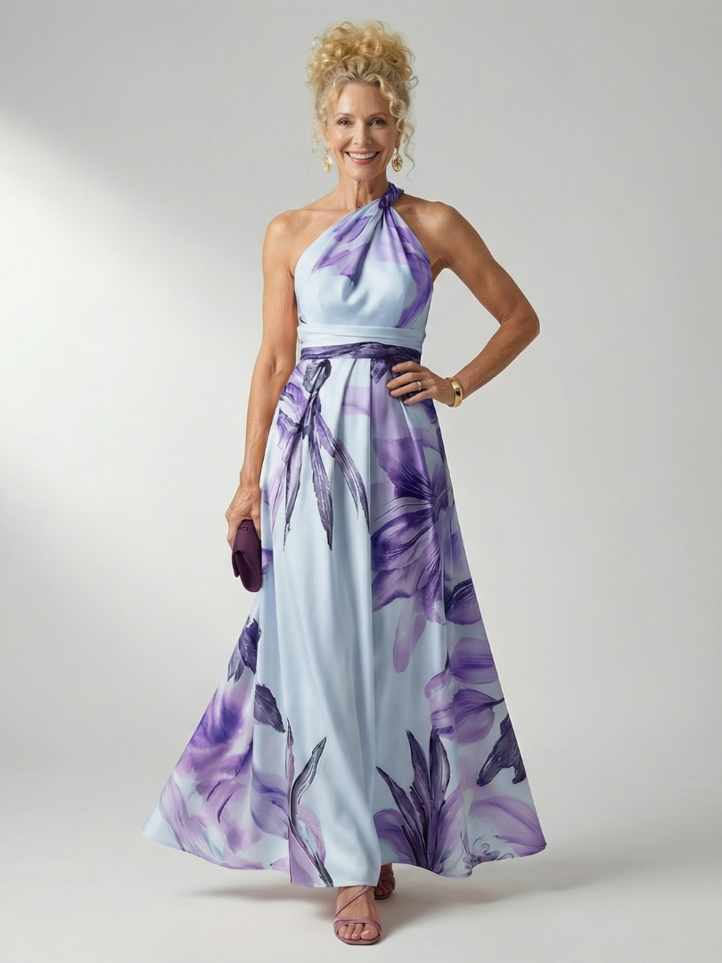 Adriana | Womens Halter Neck Floral Print Belted Maxi Dress