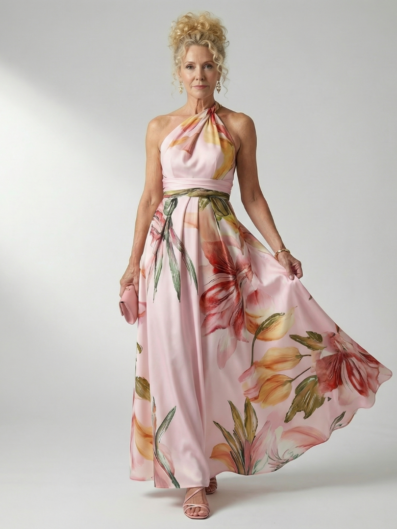 Adriana | Womens Halter Neck Floral Print Belted Maxi Dress