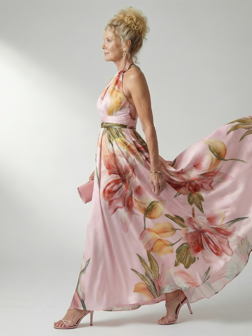 Adriana | Womens Halter Neck Floral Print Belted Maxi Dress