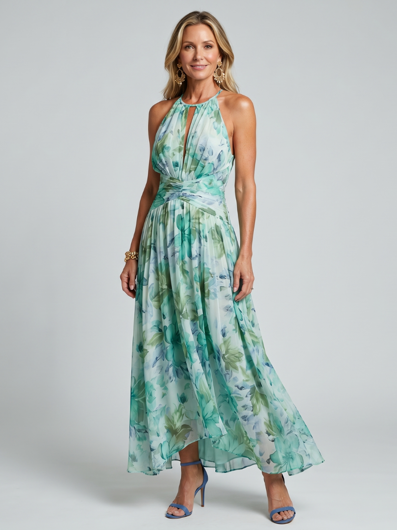 Verbena | Womens Halter Neck Floral Print Pleated Maxi Dress