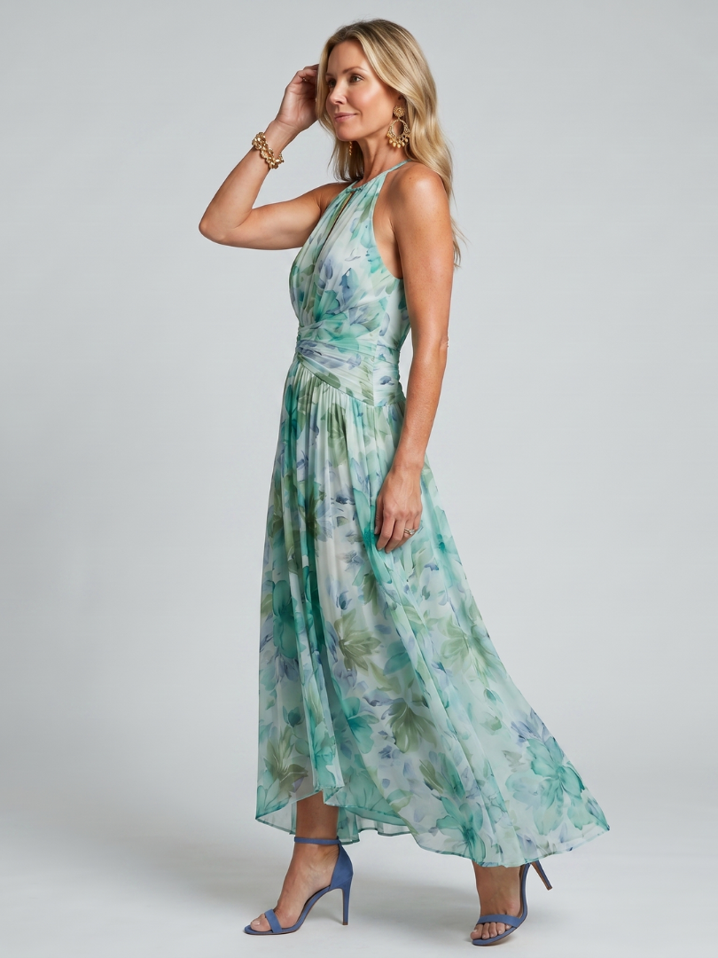 Verbena | Womens Halter Neck Floral Print Pleated Maxi Dress