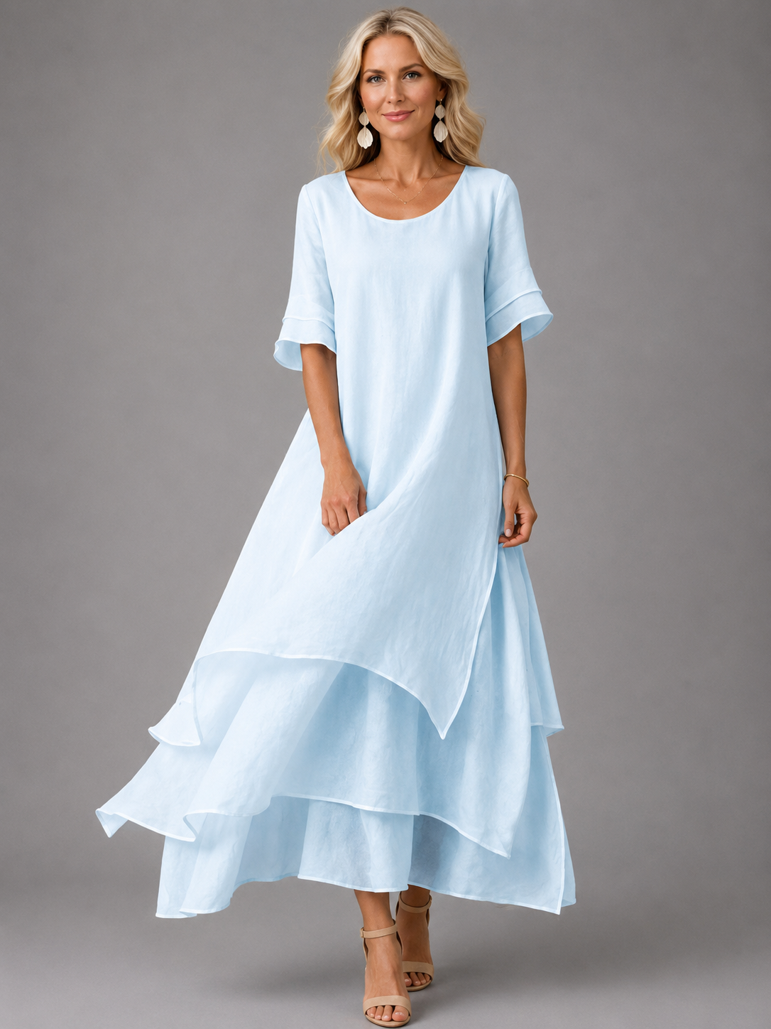 Rosalind | Womens Linen Flute Sleeve Layered Maxi Dress