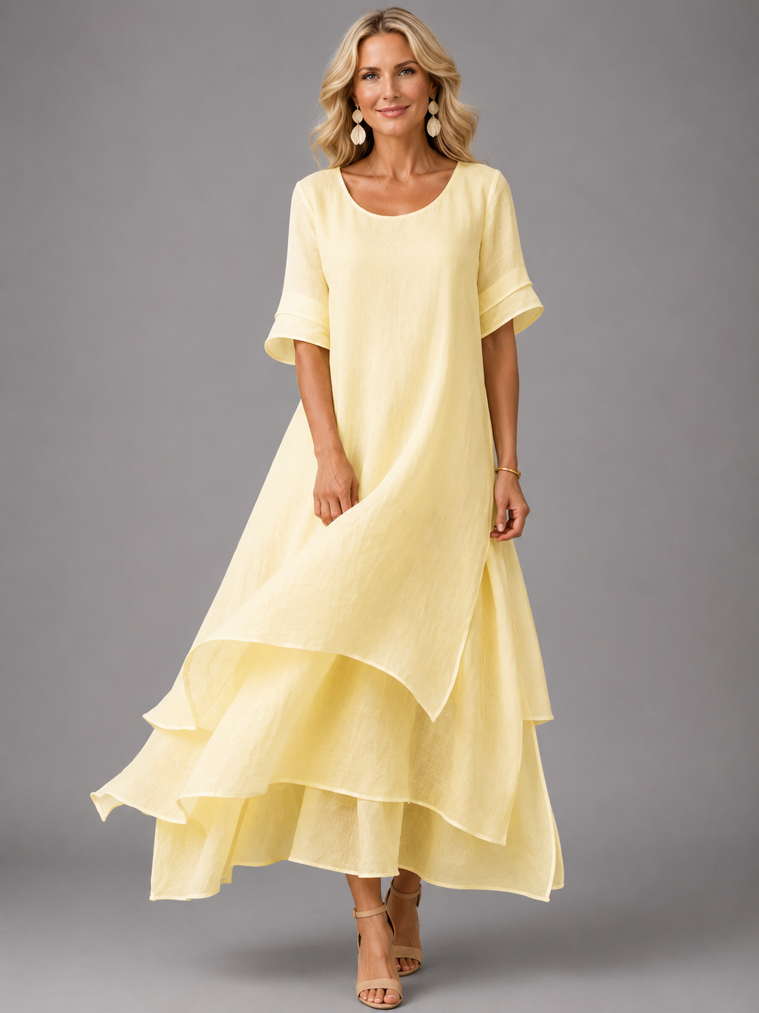 Rosalind | Womens Linen Flute Sleeve Layered Maxi Dress