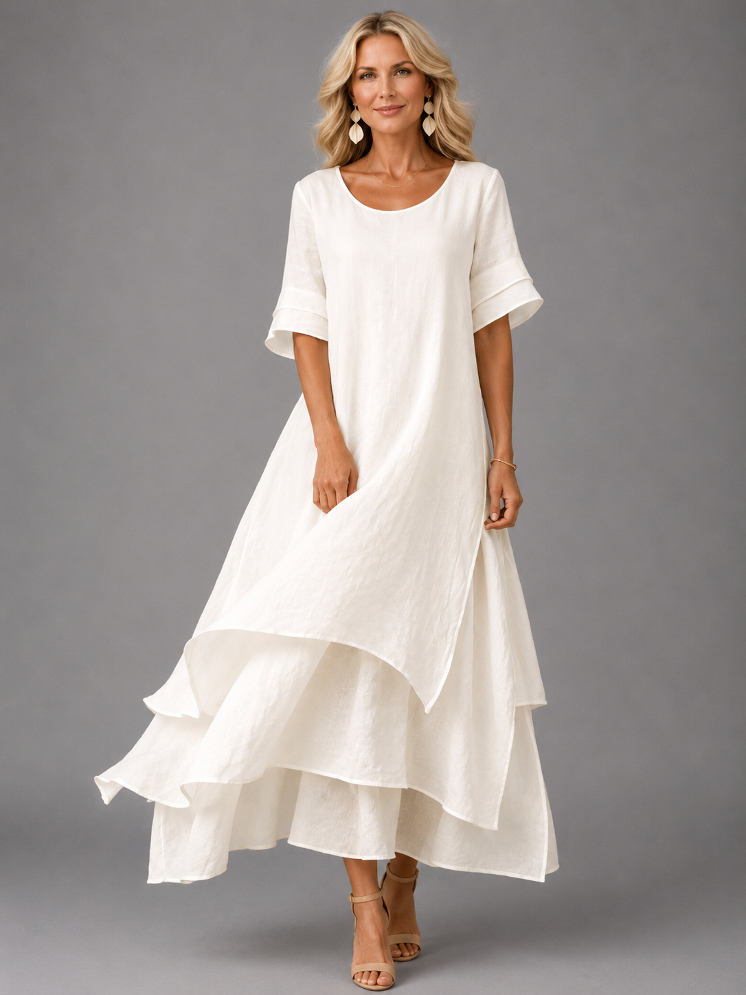 Rosalind | Womens Linen Flute Sleeve Layered Maxi Dress