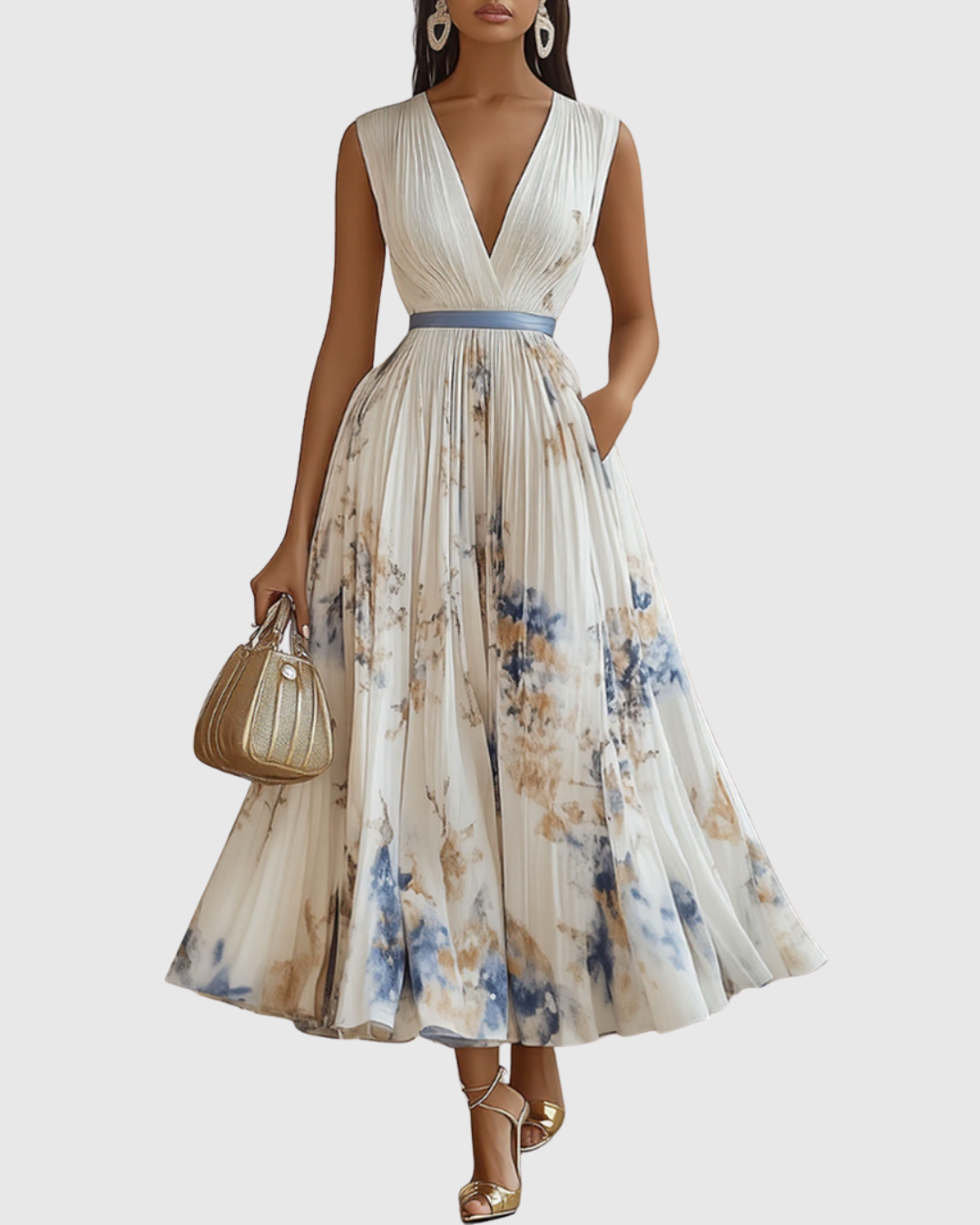 Mireille | Womens Pleated V-Neck Floral Midi Dress with Pockets