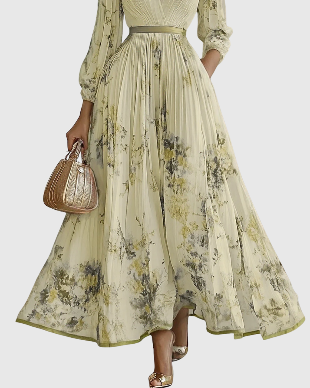 Mireille | Womens Pleated V-Neck Floral Midi Dress with Pockets