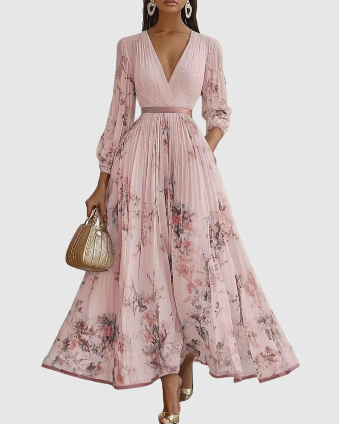 Mireille | Womens Pleated V-Neck Floral Midi Dress with Pockets