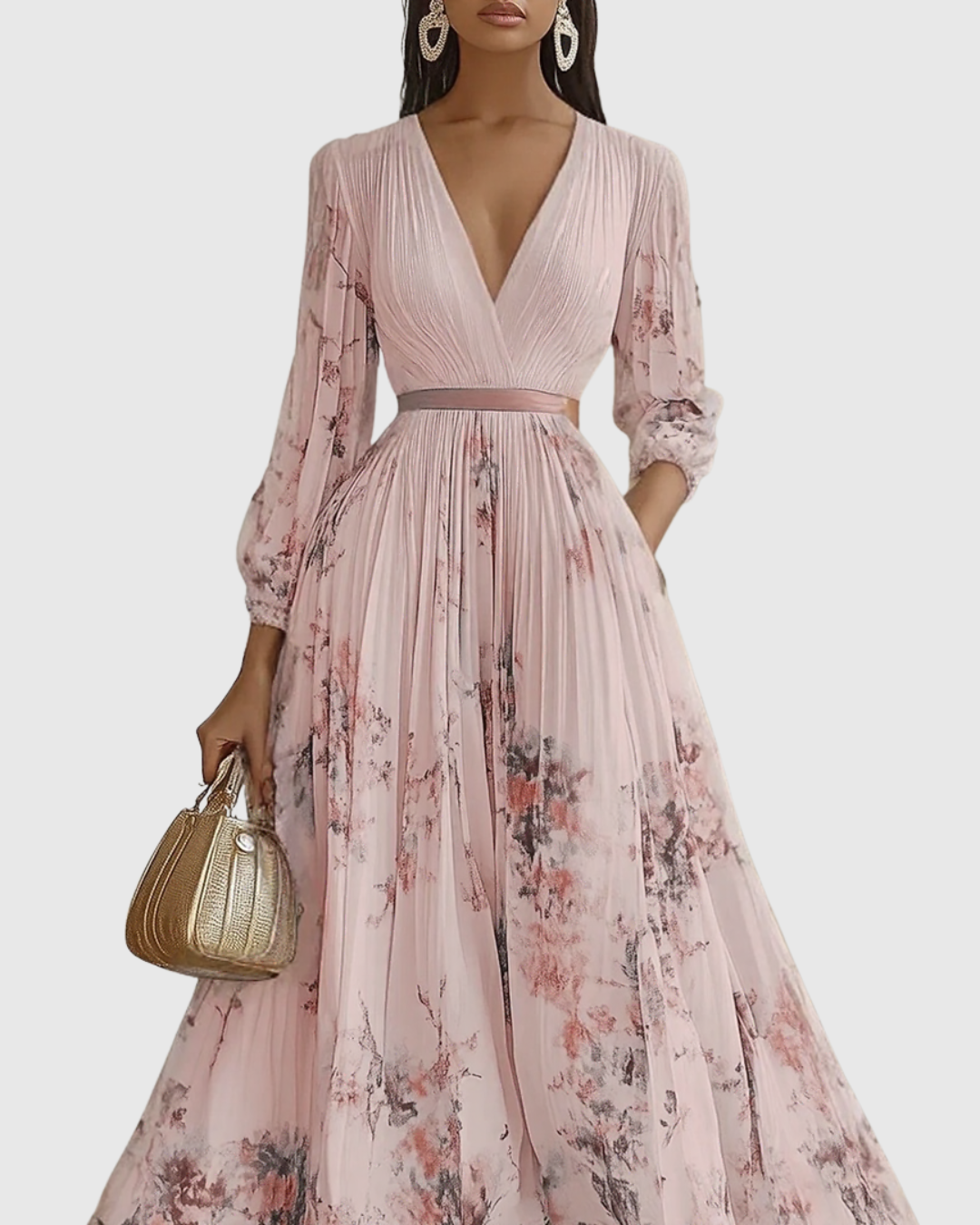 Mireille | Womens Pleated V-Neck Floral Midi Dress with Pockets