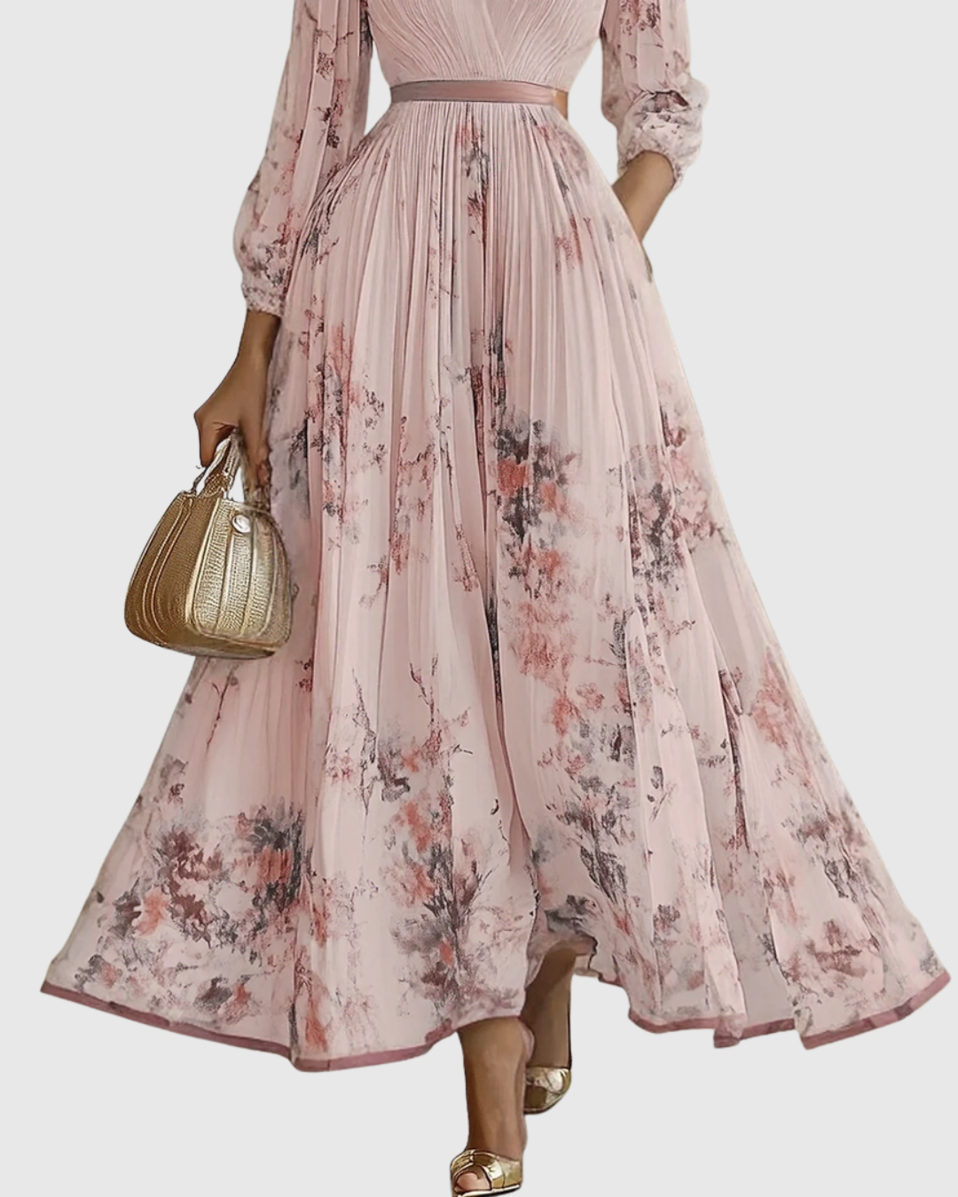 Mireille | Womens Pleated V-Neck Floral Midi Dress with Pockets
