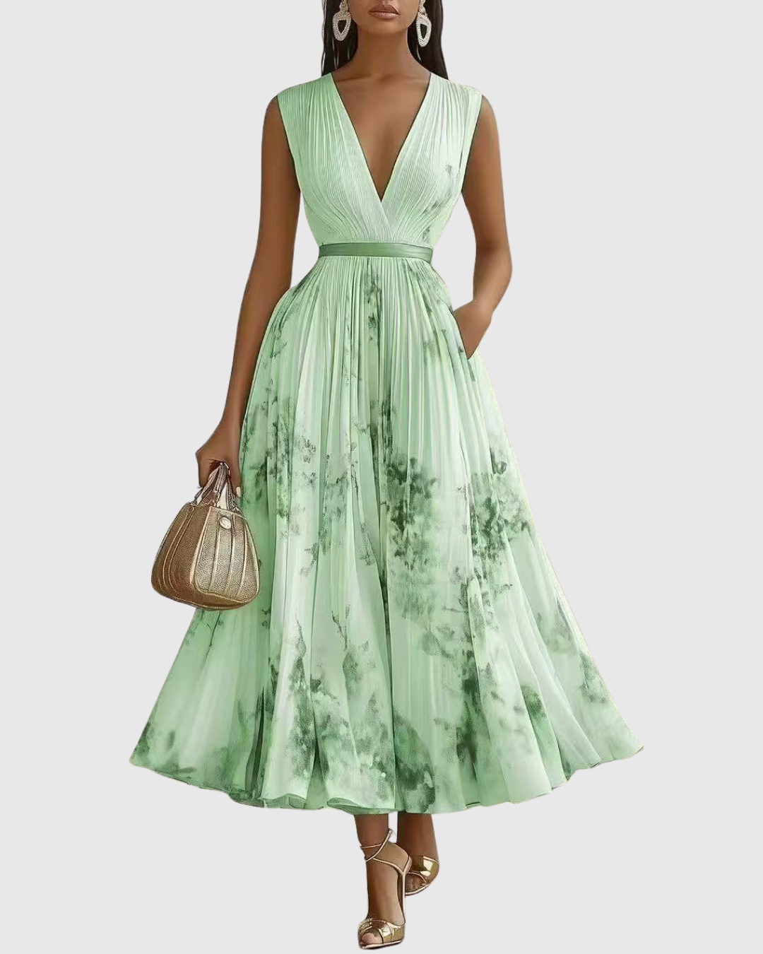 Mireille | Womens Pleated V-Neck Floral Midi Dress with Pockets