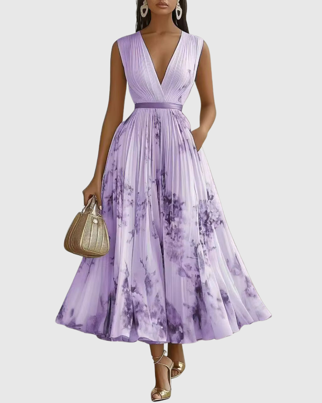 Mireille | Womens Pleated V-Neck Floral Midi Dress with Pockets