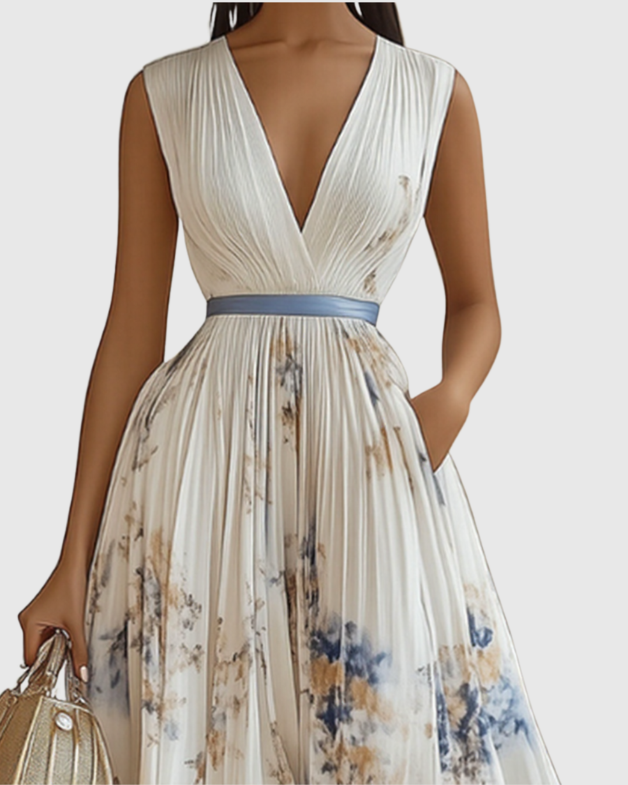 Mireille | Womens Pleated V-Neck Floral Midi Dress with Pockets
