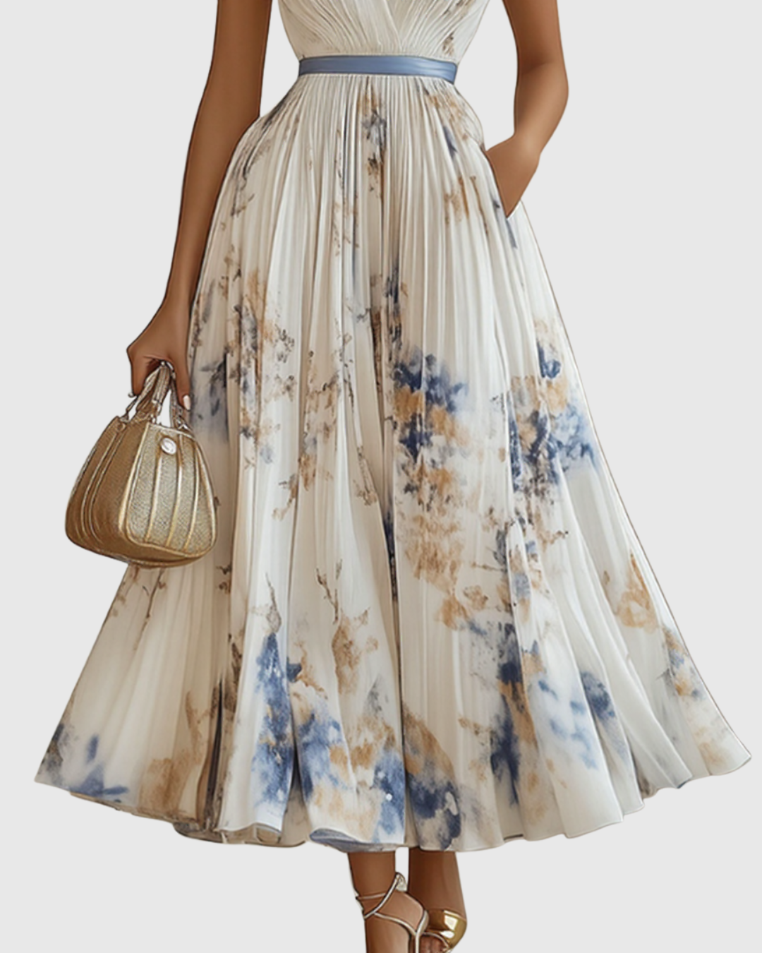 Mireille | Womens Pleated V-Neck Floral Midi Dress with Pockets