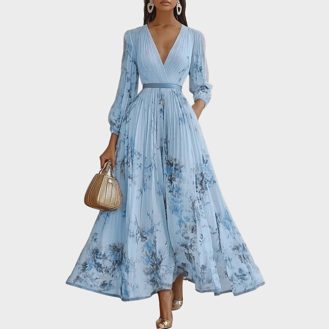 Mireille | Womens Pleated V-Neck Floral Midi Dress with Pockets