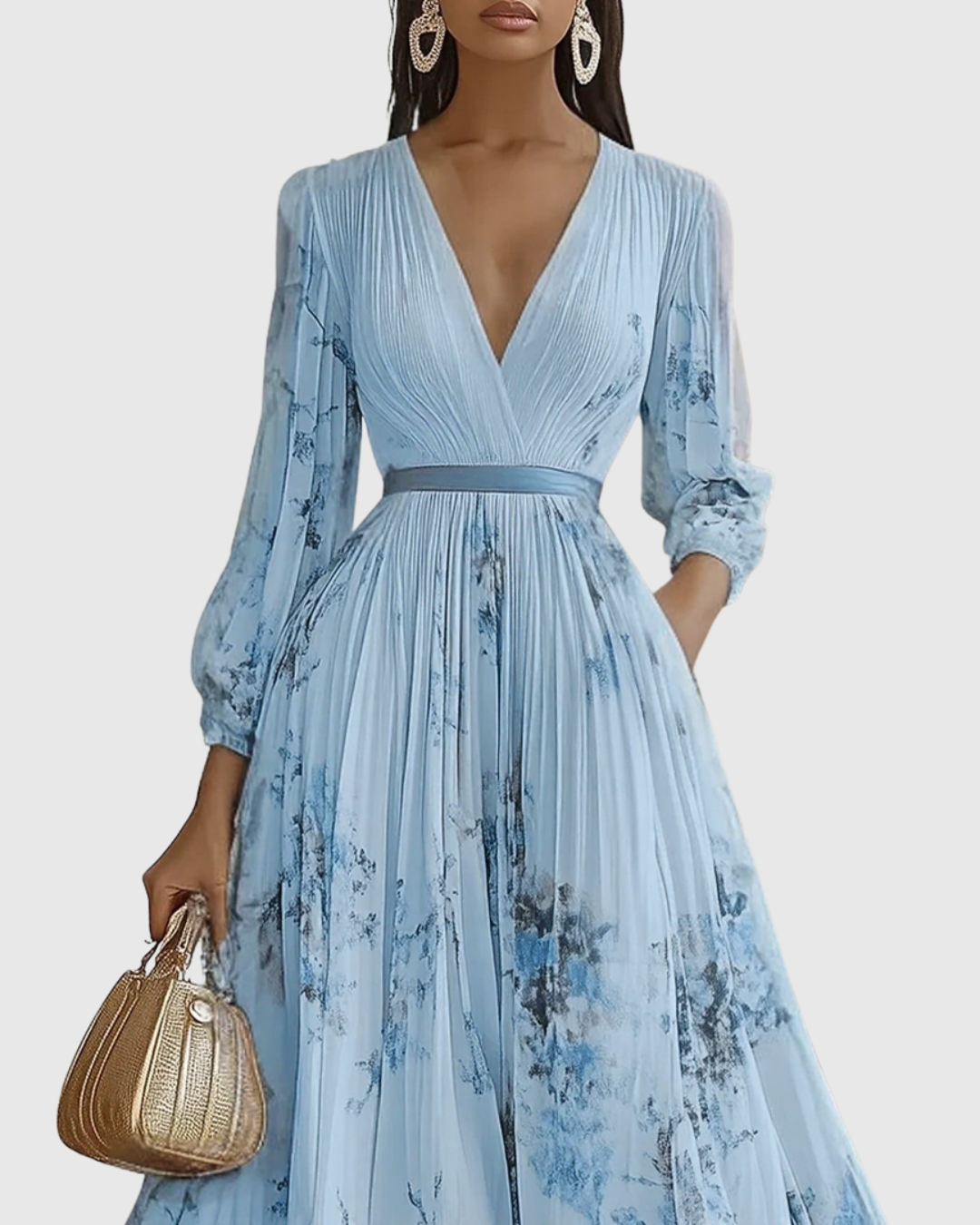 Mireille | Womens Pleated V-Neck Floral Midi Dress with Pockets