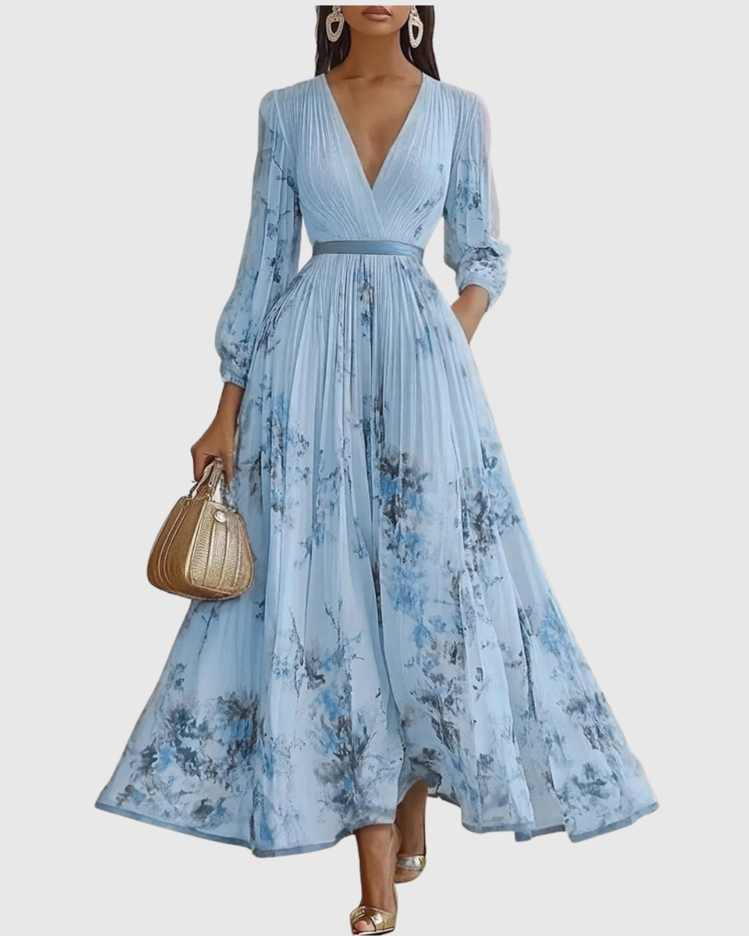 Mireille | Womens Pleated V-Neck Floral Midi Dress with Pockets