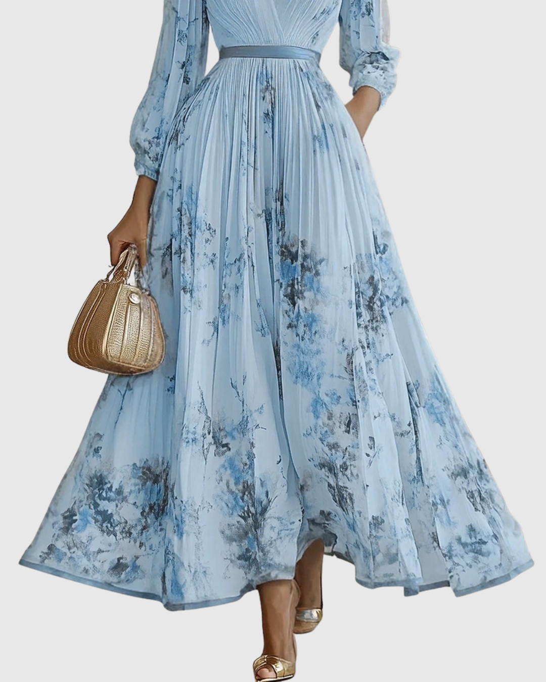 Mireille | Womens Pleated V-Neck Floral Midi Dress with Pockets