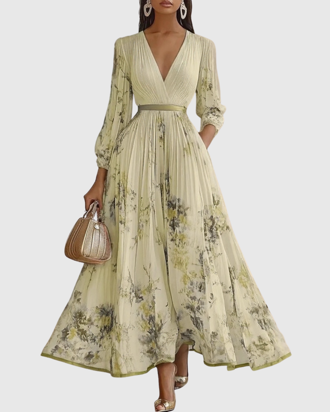 Mireille | Womens Pleated V-Neck Floral Midi Dress with Pockets