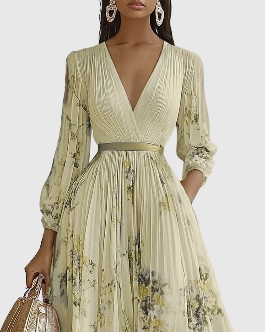 Mireille | Womens Pleated V-Neck Floral Midi Dress with Pockets