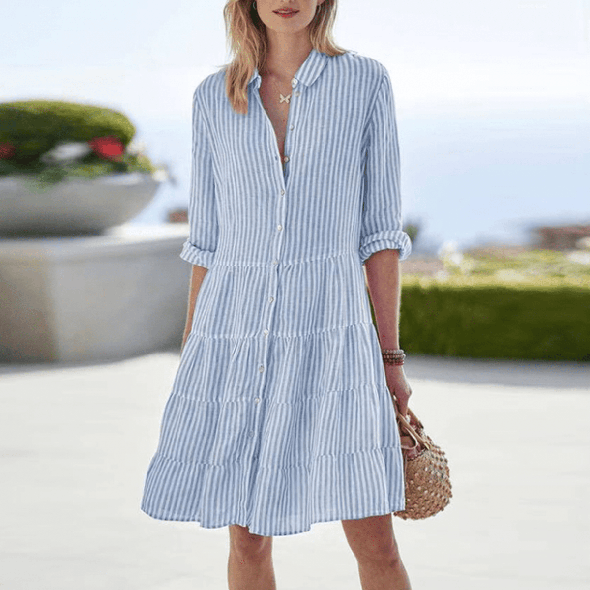 Olivia | Women's Striped Button-Front Tiered Midi Dress