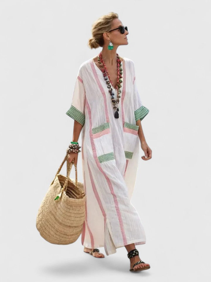 Noor | Womens Striped Trim Boho Kaftan Maxi Dress