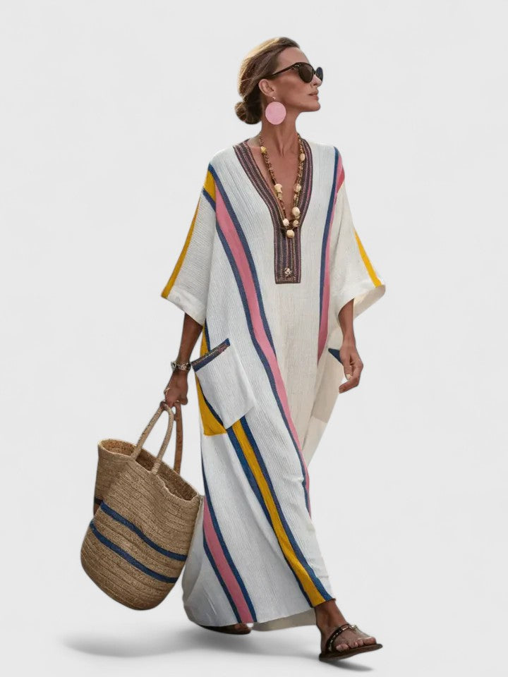 Noor | Womens Striped Trim Boho Kaftan Maxi Dress