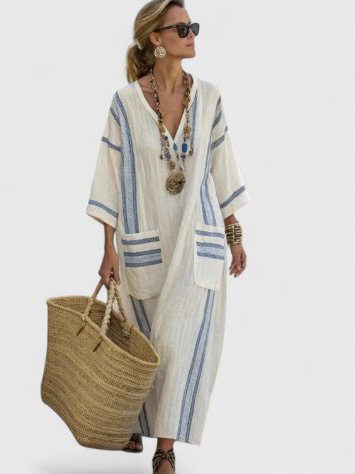 Noor | Womens Striped Trim Boho Kaftan Maxi Dress