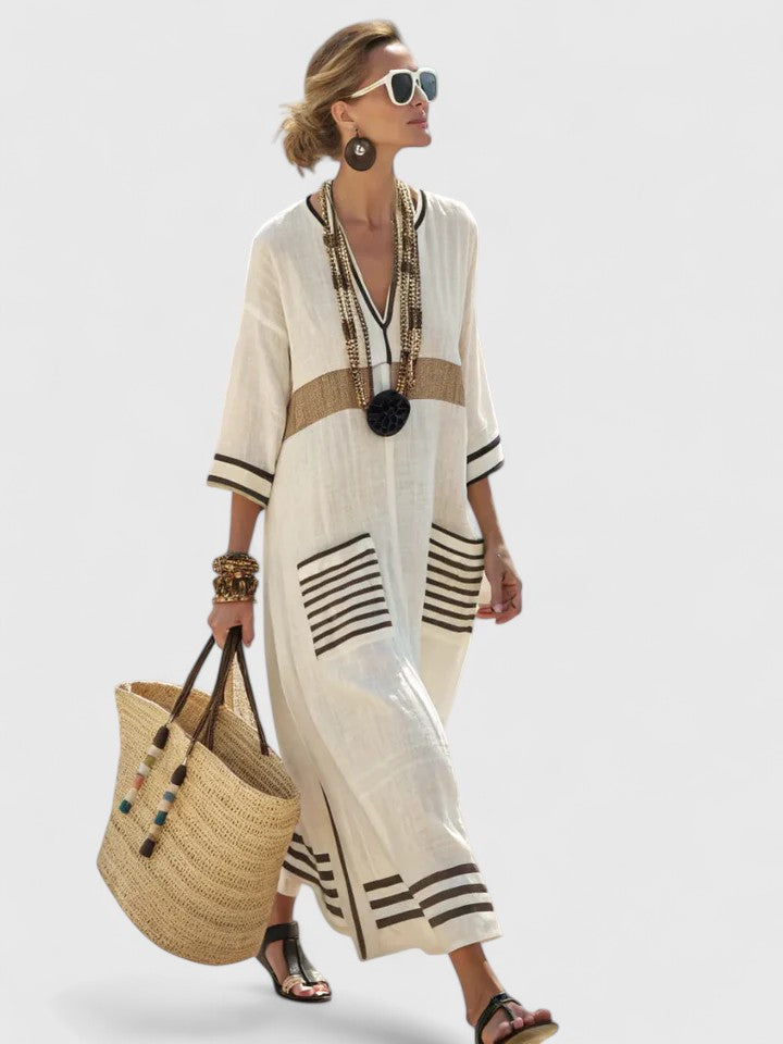 Noor | Womens Striped Trim Boho Kaftan Maxi Dress