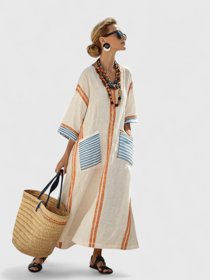 Noor | Womens Striped Trim Boho Kaftan Maxi Dress