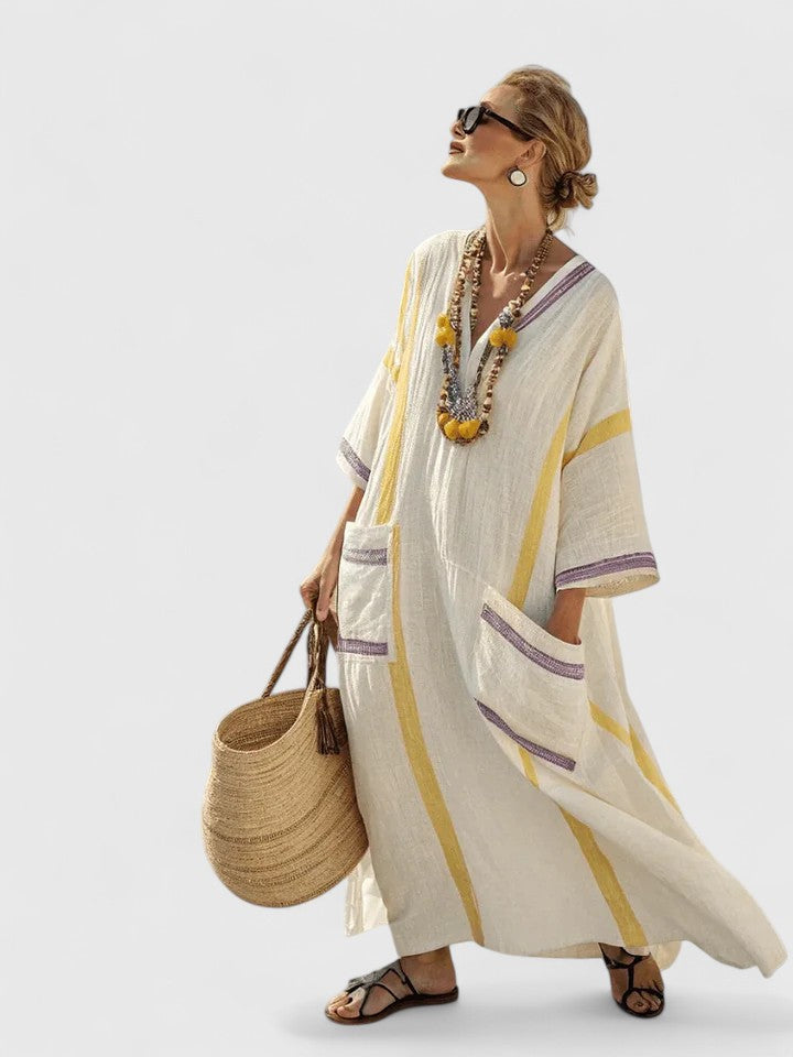 Noor | Womens Striped Trim Boho Kaftan Maxi Dress