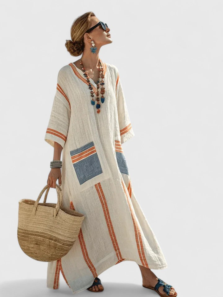 Noor | Womens Striped Trim Boho Kaftan Maxi Dress