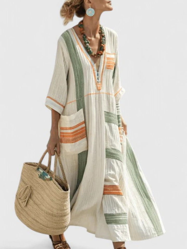 Noor | Womens Striped Trim Boho Kaftan Maxi Dress