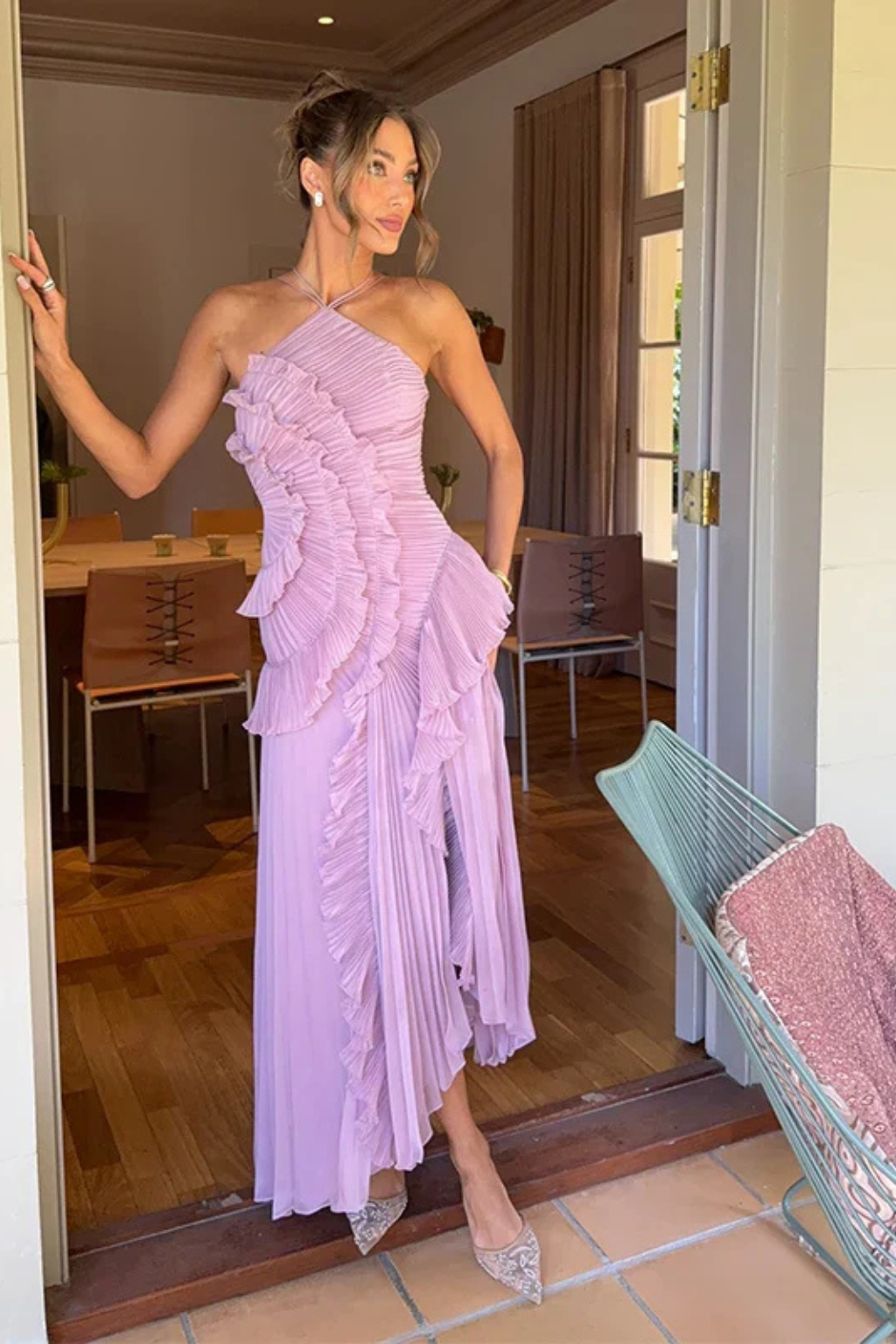 Adalyn | Womens Halter Neck Ruffle Maxi Dress