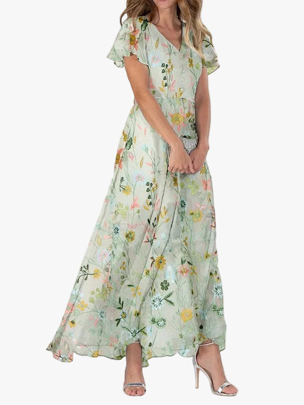 Marigold | Womens Floral V-Neck Sleeve Maxi Dress