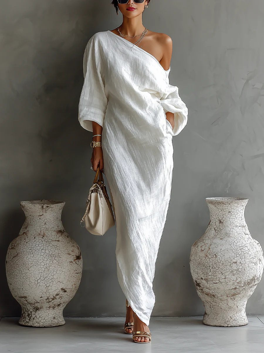 Wilhelmina | Off Shoulder Linen Evening Dress
