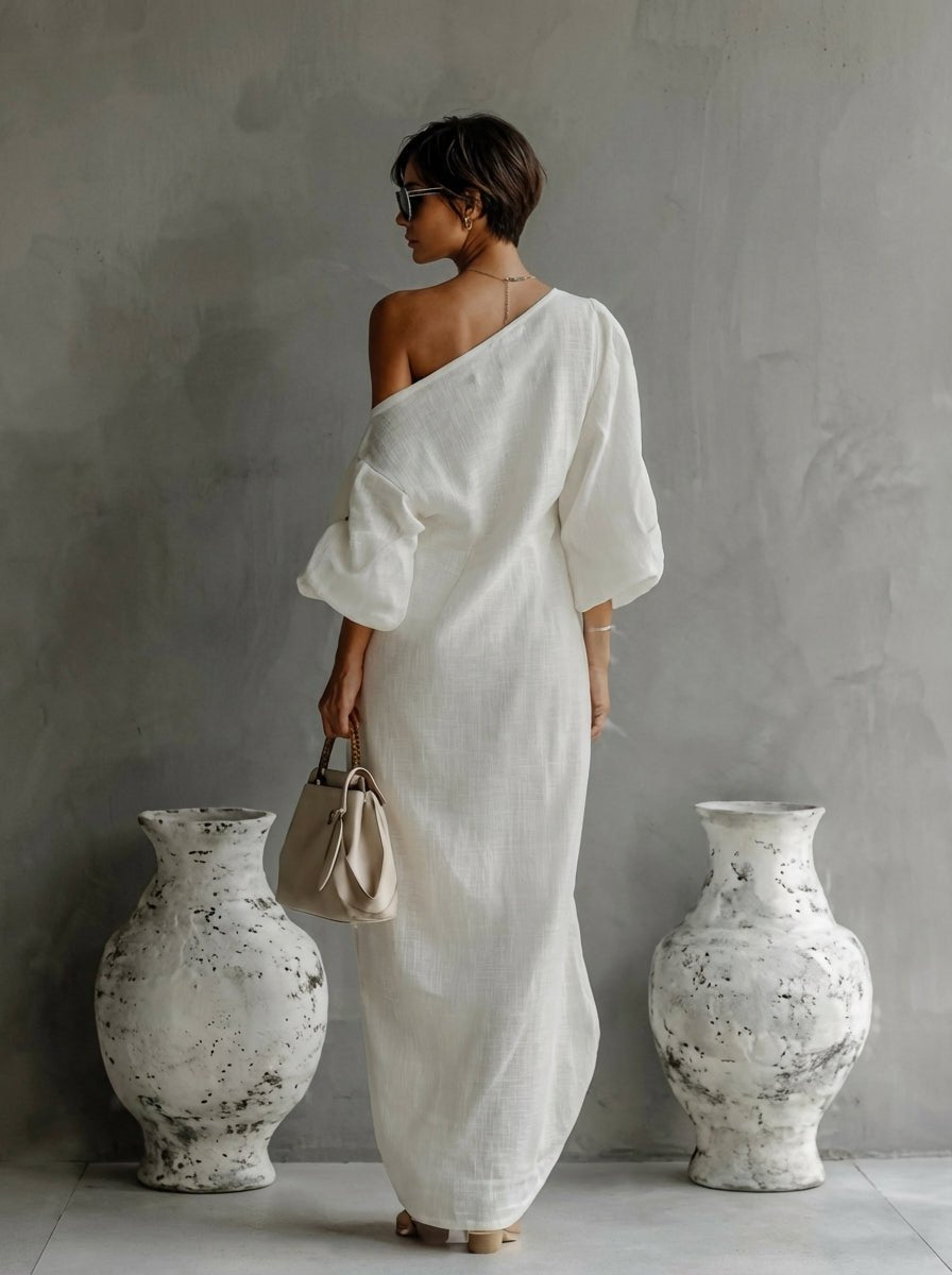 Wilhelmina | Off Shoulder Linen Evening Dress