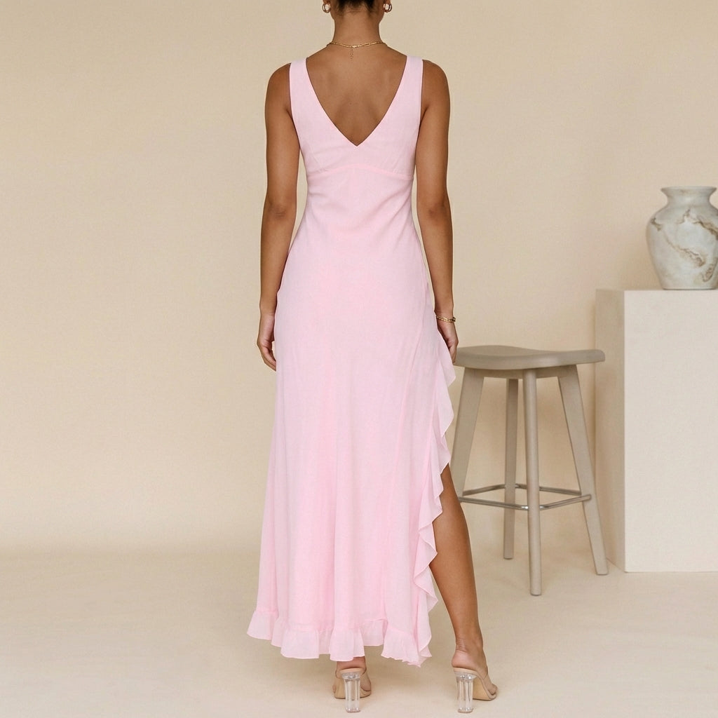 Adeline | Pink Ruffle Slit Maxi Dress
