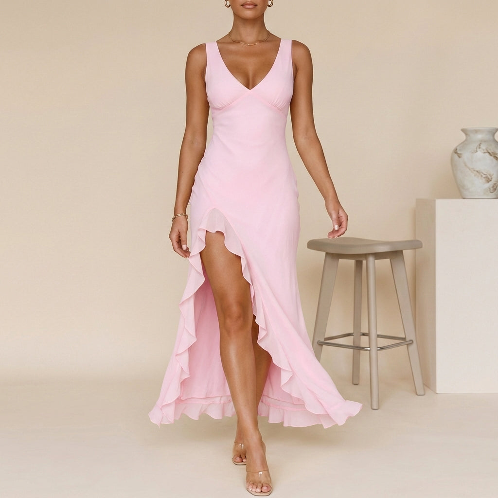 Adeline | Pink Ruffle Slit Maxi Dress
