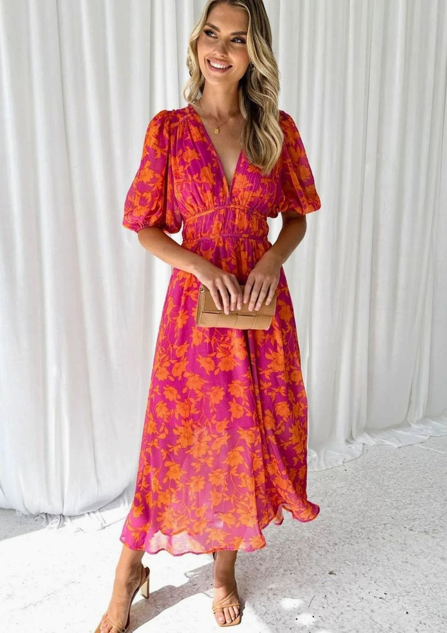 Josephine | Pink Floral V-Neck Maxi Dress