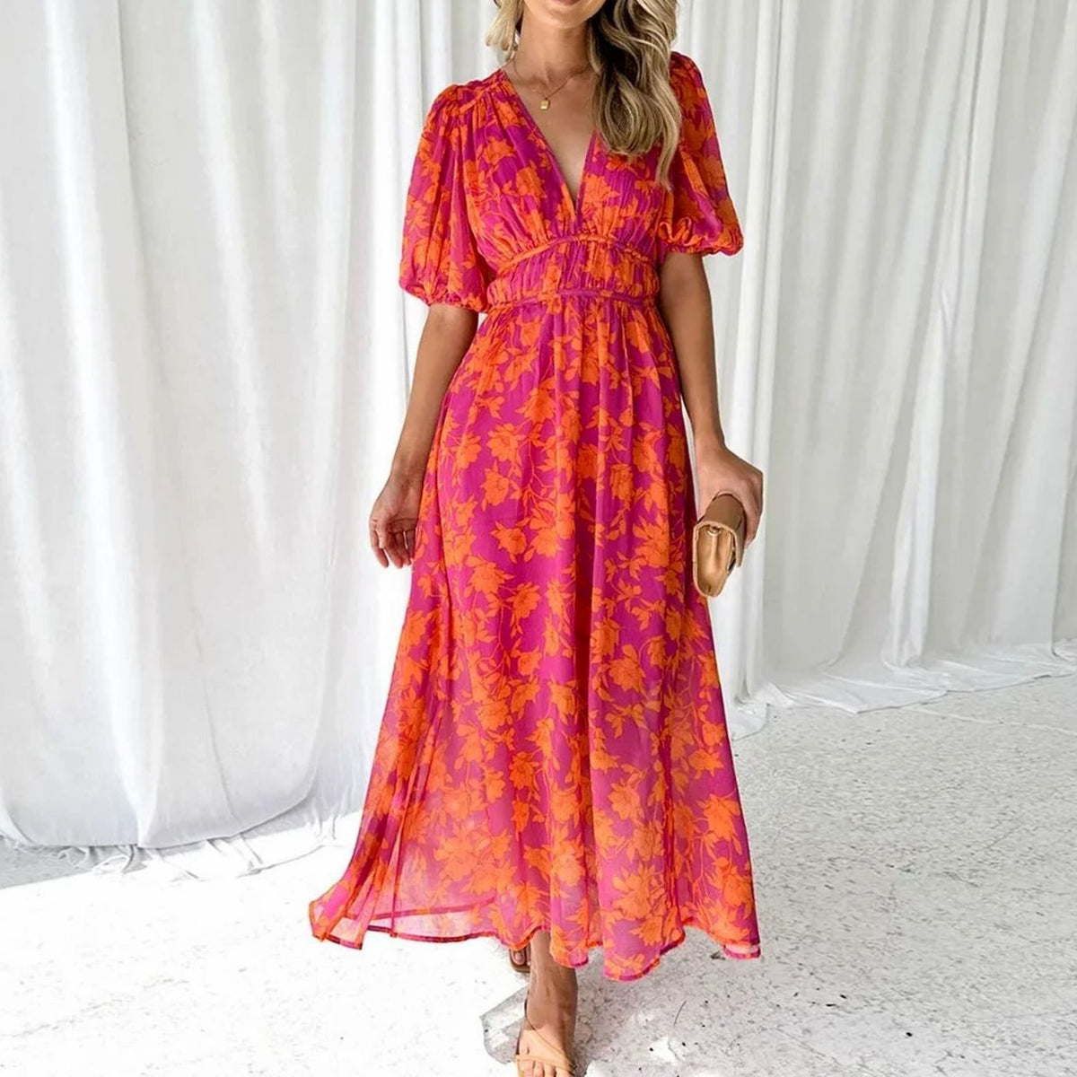 Josephine | Pink Floral V-Neck Maxi Dress