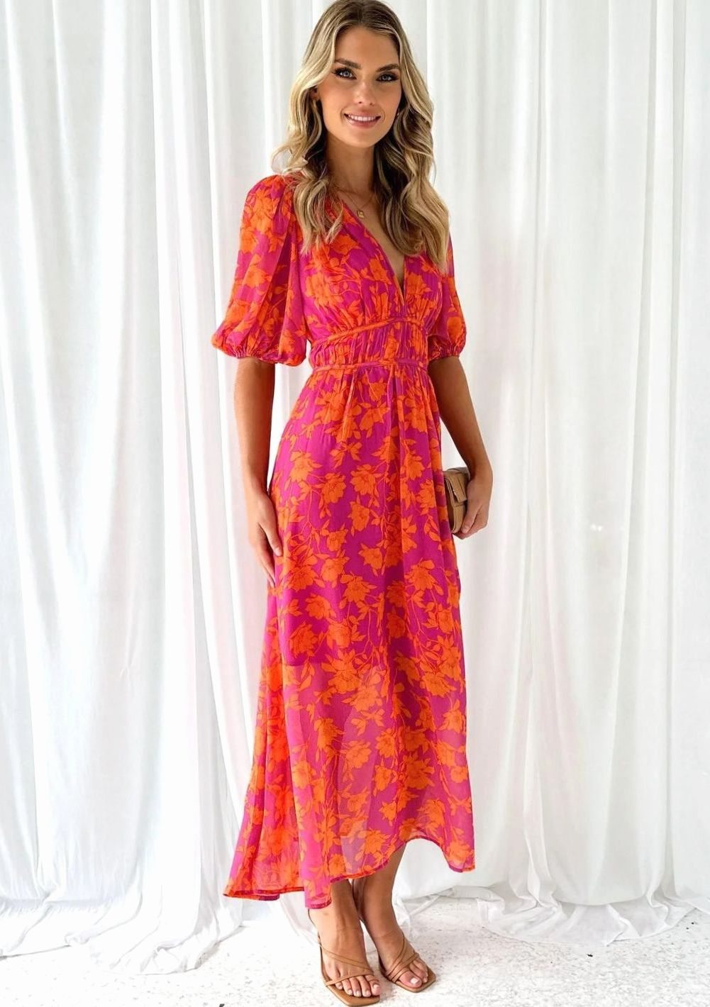 Josephine | Pink Floral V-Neck Maxi Dress