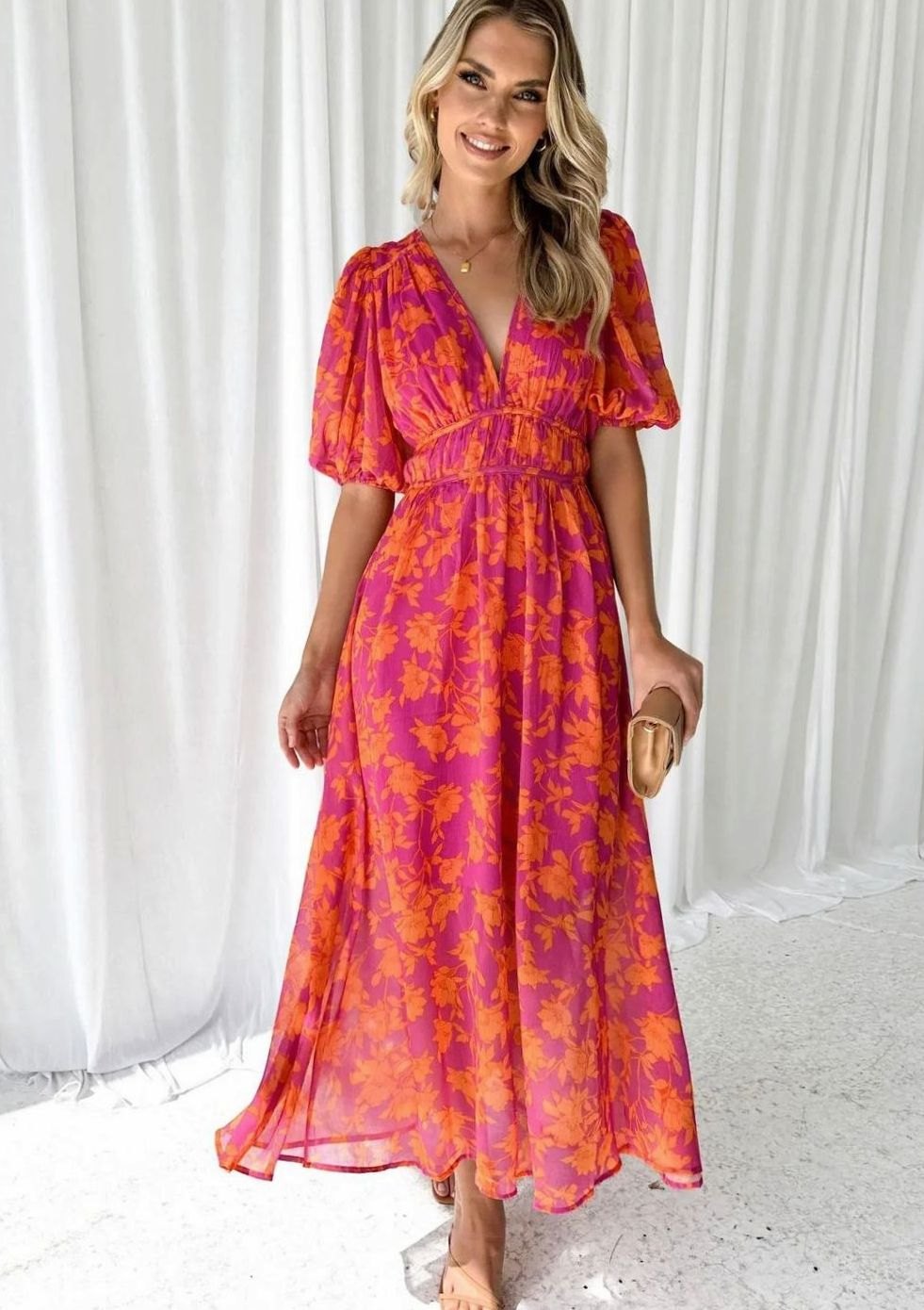 Josephine | Pink Floral V-Neck Maxi Dress