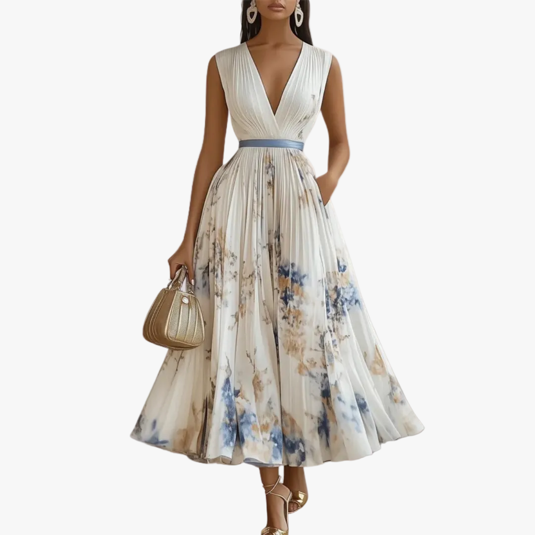 Cecilia | Womens Pleated Chiffon V-Neck Midi Dress