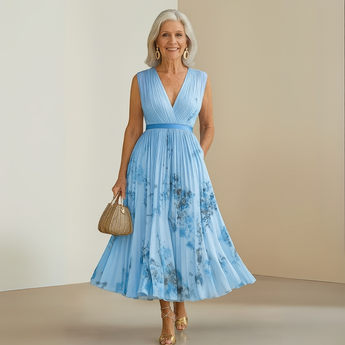 Cecilia | Womens Pleated Chiffon V-Neck Midi Dress