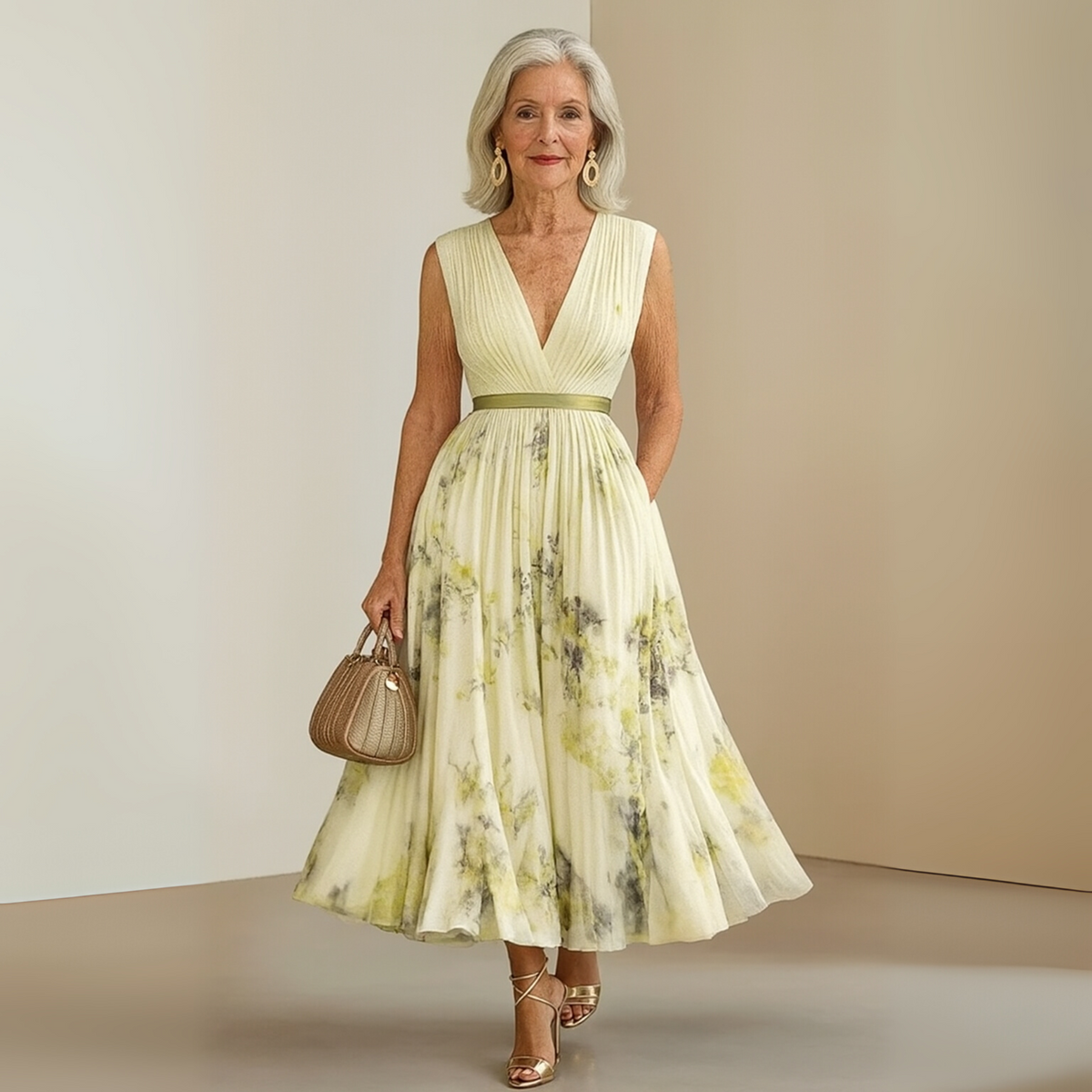 Cecilia | Womens Pleated Chiffon V-Neck Midi Dress