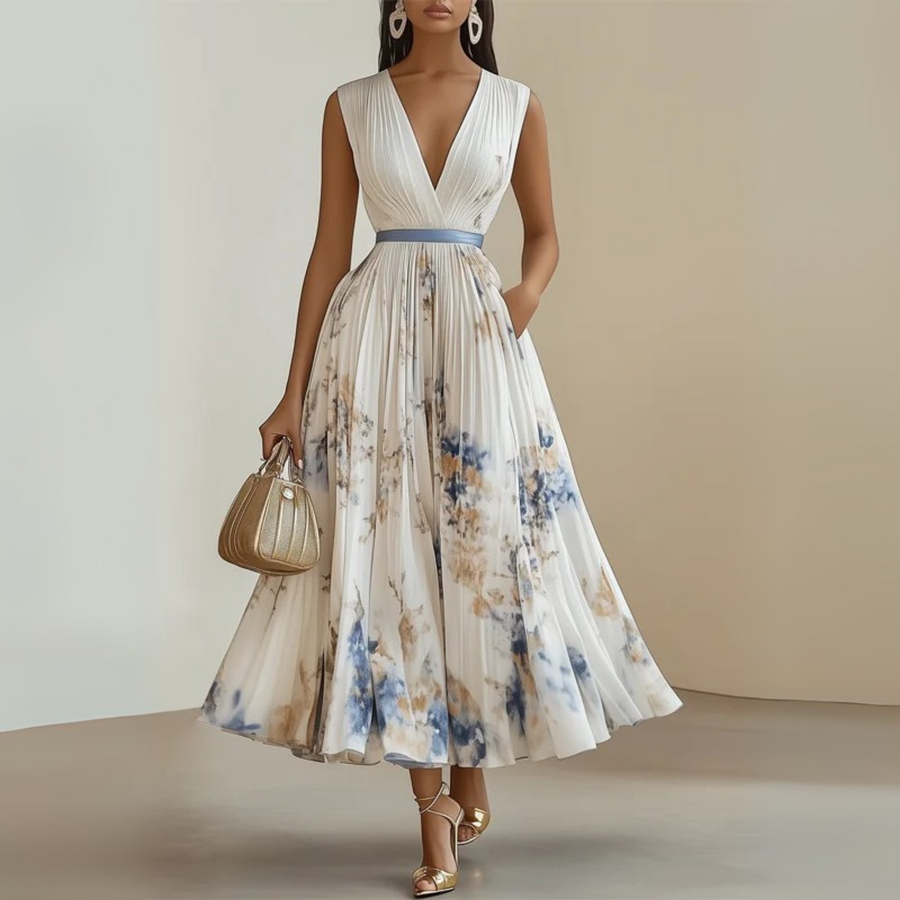 Cecilia | Womens Pleated Chiffon V-Neck Midi Dress