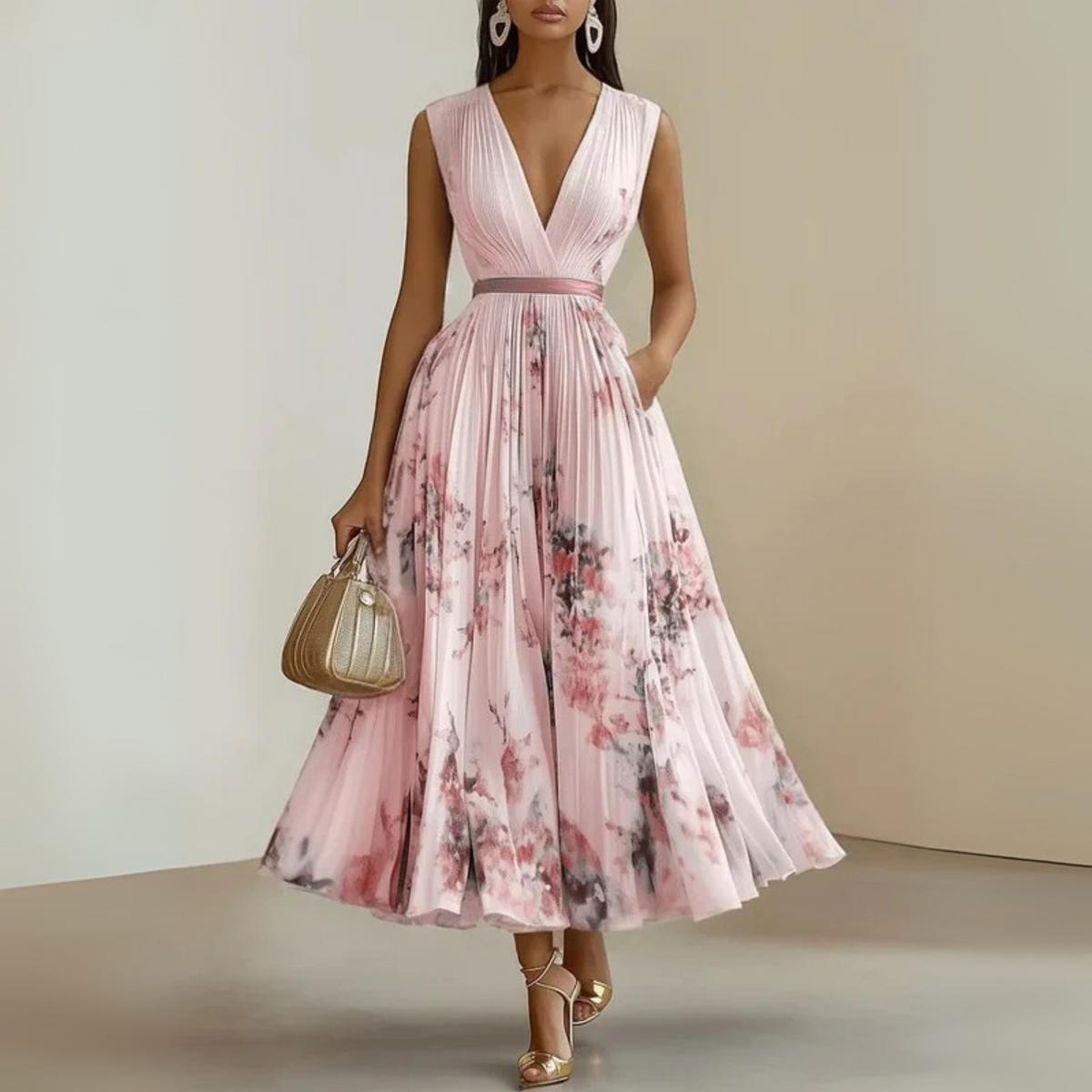 Cecilia | Womens Pleated Chiffon V-Neck Midi Dress